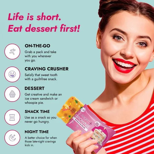 Miniatura 5 de 321glo Brownie de proteína de colágeno, sin gluten, bajo en azúcar, snack keto para mujeres, hombres y niños, 0.64 onzas de proteína, 0.26 onzas
