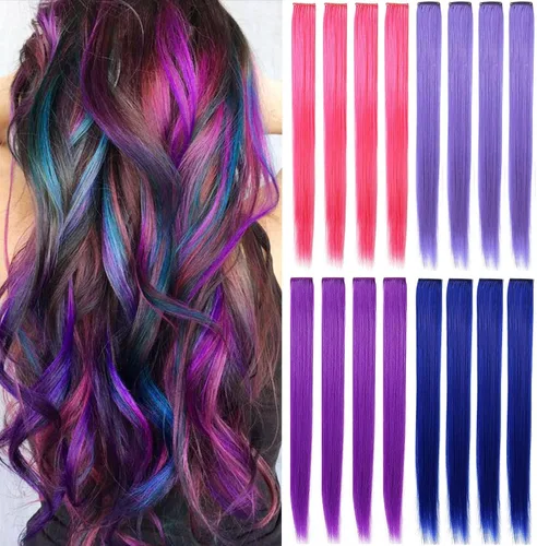 Miniatura 12 de 12 extensiones de cabello de colores rectas de 20 pulgadas, extensiones de cabello sintético con clip, color arcoíris, con reflejos, para fiesta