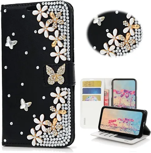 Bling - Funda de piel tipo cartera compatible con Google Pixel 6a, elegante, hecha a mano en 3D, diseño floral, con correa para el cuello y color