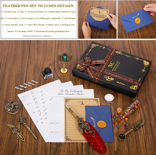 Miniatura 5 de NC Juego de Tinta de Pluma de Caña, Pluma de Pluma, Sello de Cera con Estampilla, Juego de Caligrafía - Regalo del Día de San Valentín para Amantes