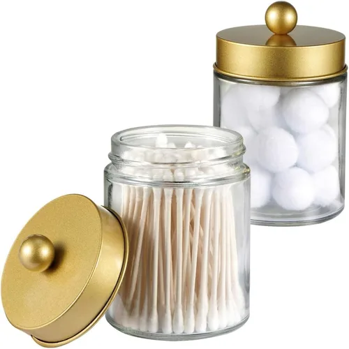 Miniatura 15 de Amolliar Juego de 2 organizadores de almacenamiento de vidrio para tocador de baño, recipiente de encimera con tapas de metal y calcomanías, tarros