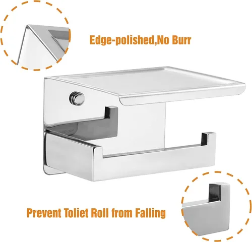 Miniatura 5 de HITSLAM Soporte de papel higiénico con estante, soporte para rollo de papel higiénico cromado autoadhesivo o montaje en pared con estante