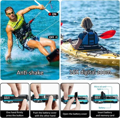 Miniatura 7 de Cámara subacuática 4K de 16 pies Cámara impermeable con tarjeta de 32 GB, enfoque automático de 64 MP, cámara submarina selfie de doble pantalla