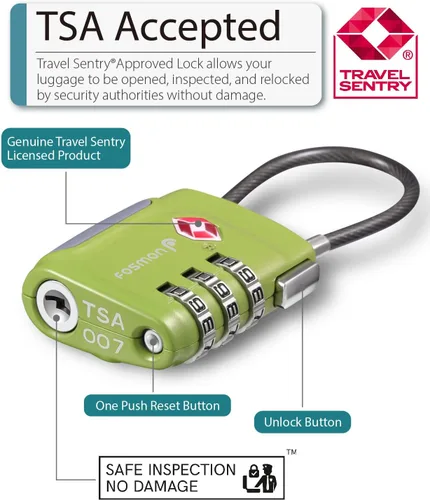 Miniatura 2 de Fosmon TSA - Cerraduras de cable aceptadas para equipaje, (paquete de 2) reconfigurables, fáciles de leer, combinación de 3 dígitos con cuerpo