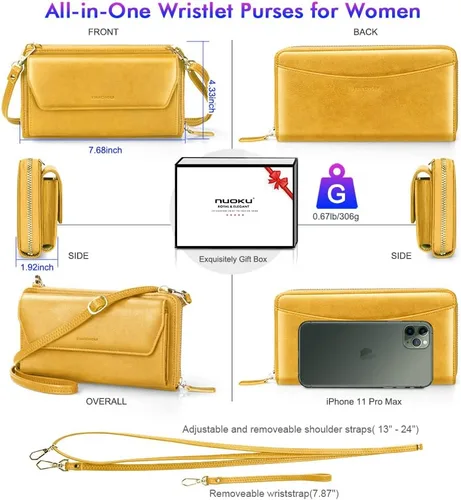 Miniatura 4 de nuoku Cartera RFID para mujer, bolso cruzado con cremallera alrededor de 2 correas