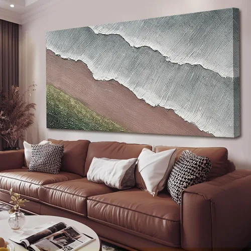 Miniatura 12 de SHEYOYE Lienzo abstracto de montaña gris azul y gris pardo con colinas verde oliva, 32 x 71 pulgadas, decoración de paisaje con textura grande