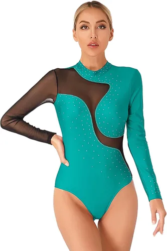 Miniatura 21 de iiniim Leotardo de malla para mujer, con diamantes de imitación, de malla, de manga larga, leotardos de gimnasia