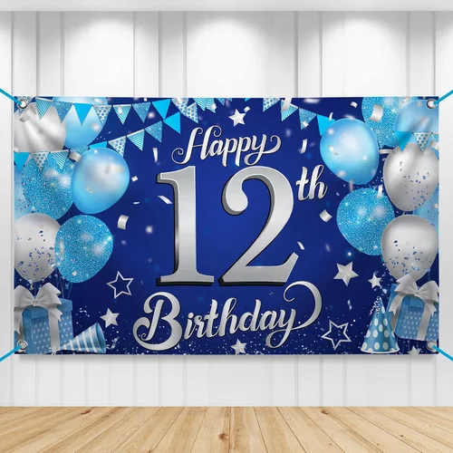 KatchOn, Cartel de feliz cumpleaños número 12, 72 x 44 pulgadas, decoración de fiesta de feliz cumpleaños número 12 azul y plateado para niños y