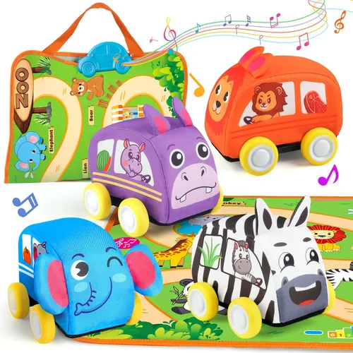 Vanmor Juguetes de auto para bebés de 12 meses, tapete musical con 4 animales suaves para niños de 1 año, juguetes suaves de aprendizaje para bebés