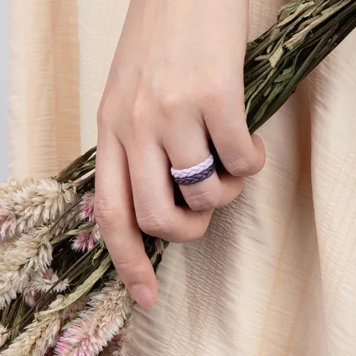 Miniatura 114 de Egnaro Anillos de boda de silicona para ella, conjuntos de novia de goma para mujer, bandas finas, diseño trenzado de hojas apilables con ranuras