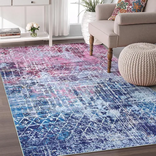 Miniatura 12 de Zealude - Alfombras abstractas boho azul rosa para dormitorio de niñas y niños, alfombra lavable de 8 x 10 pies para sala de estar y comedor