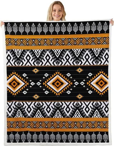 Miniatura 10 de Manta Decorativa Tribal Boho Azteca para Hombres y Mujeres, Manta de Vellón Étnica Bohemia Negro y Blanco de 50"X60", Manta Sherpa del Suroeste
