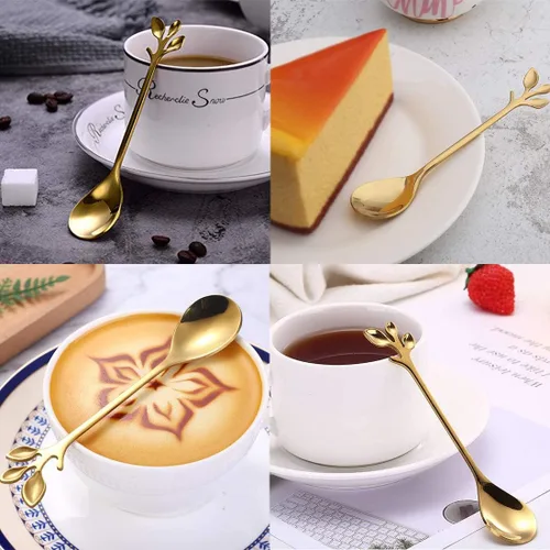 Miniatura 8 de AnSaw Elegantes Cucharones de Café con Hoja de Oro - Juego de 10 Piezas, 4.7" Mini Cucharones de Acero Inoxidable para Espresso y Postre, Perfectos