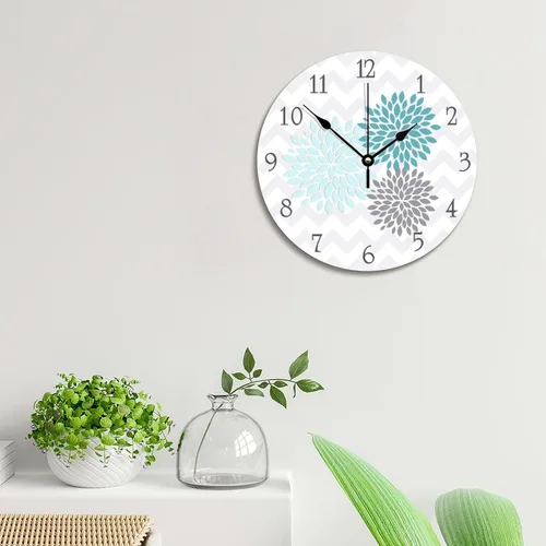 Miniatura 4 de ArogGeld Reloj de pared de madera gris aguamarina verde azulado, reloj de pared de flores de dalia, reloj de pared silencioso sin tictac, funciona