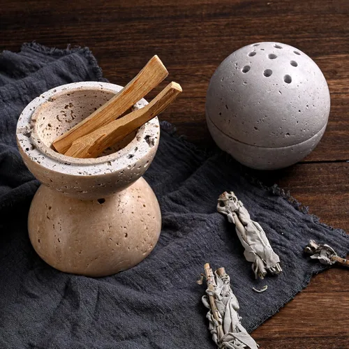 Miniatura 3 de Soporte de cono de incienso de travertino natural, hecho a mano, quemador de incienso de esfera de piedra para meditación, yoga, decoración
