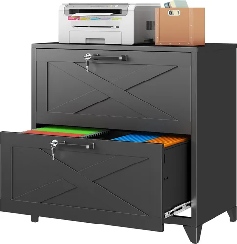 Miniatura 14 de Archivador de metal con 2 cajones con cerradura, gabinete archivador con soporte para impresora móvil y estantes para archivos de tamaño Negro