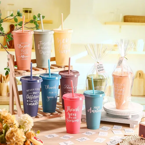 Miniatura 4 de Skylety - 30 vasos de plástico de 24 onzas con tapas, pajitas, taza de agradecimiento a granel para compañeros de trabajo, profesores, enfermeras