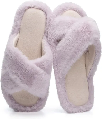 Miniatura 11 de Pantuflas mullidas para mujer, con banda cruzada, zapatos de casa para mujer, espuma viscoelástica, puntera abierta, silenciosas
