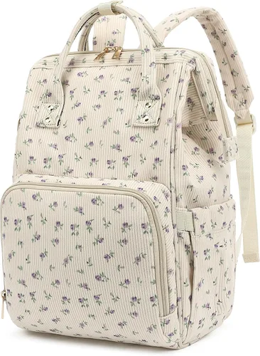 Mochila de ante para pañales para bebés, niñas y niños, grandes bolsas de pañales para mamá (Corderoy beige floral púrpura)