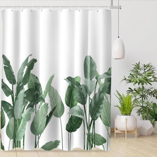 Cortina de ducha de tela impermeable con diseño de plantas verdes, decoración de baño, hojas de plátano, palmera, con ganchos, 72 x 72 pulgadas