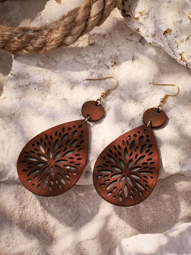Miniatura 2 de MINACHI Bohemian Hollow Cut-Out Wood Leather Dangle Drop Earrings, Boho Chic Hippie Statement Jewelry Gift for Women