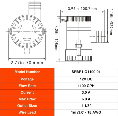 Miniatura 9 de SEAFLO Bomba de sentina 1100 GPH Serie 01 – 12 V, salida de 1-1/8 pulgadas, bomba sumergible marina con protección antibloqueo de aire, certificado