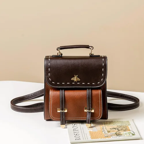 Miniatura 6 de KOOIJNKO Mochila pequeña de moda para mujer, estilo retro, estilo casual, diseño de contraste de color, Marrón, Mochilas Daypack