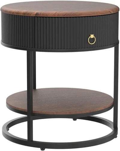 Miniatura 5 de OIOG - Mesa auxiliar redonda con cajón, mesa auxiliar moderna de madera con estante, mesa de noche de 2 niveles con cajón para sala de estar, Negro