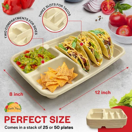 Miniatura 5 de Platos de taco de 3 y 2 lados, platos de papel desechables con divisores - Paquete de 25 Bandeja de tacos para fiesta, soporte de tacos
