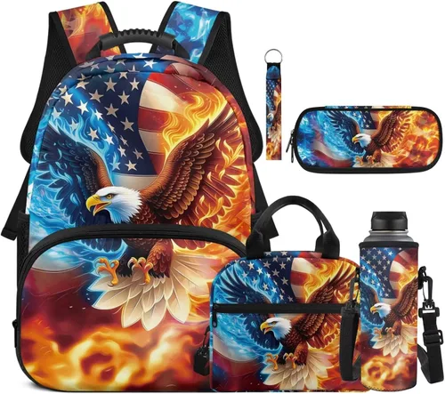 Miniatura 7 de Bulopur Eagle American Flag Print Kids Backpack Boys Elementary School 17 Inch Bookbag With Lunch Bag Water Bottle Holder Keychain Pencil Case 5