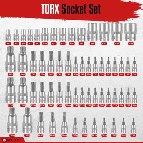 Miniatura 2 de WETT Master Torx Bit Socket y Juego de Enchufe Torx Externo, Juego de 60 Piezas de 1/4", 3/8", 1/2" de Unidades de Enchufes de Broca E-Torx