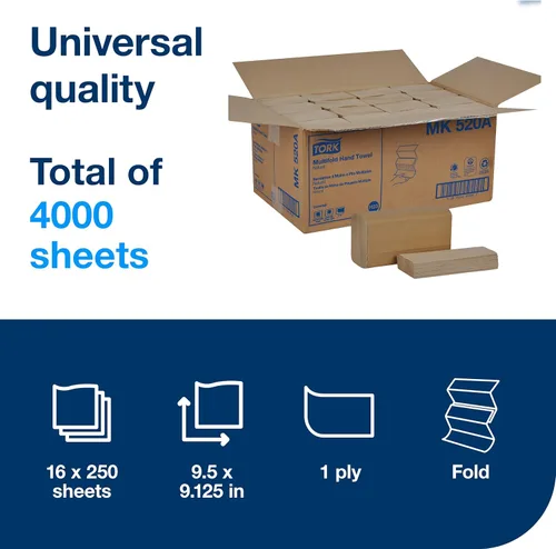 Miniatura 10 de Tork Toalla de mano multipliegue, natural, 100% reciclada, certificado FSC, compatible con dispensadores H2, 16 paquetes x 250 hojas (MK520A)