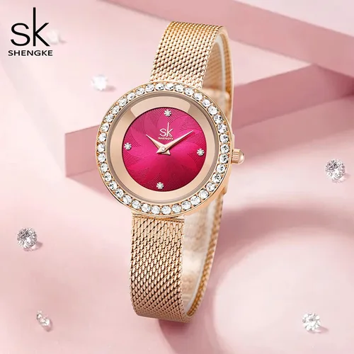 Miniatura 4 de SHENGKE Reloj de mujer de lujo analógico de cuarzo de moda de cuarzo para mujer, reloj impermeable para mujer Relogio Feminino, K0169-rosa rojo