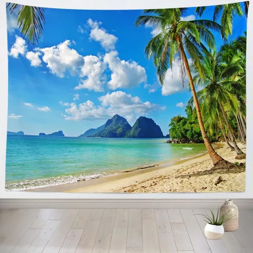 Miniatura 7 de Loccor Tapiz de playa tropical, isla costera, palmeras, olas, tapiz de pared de verano, paraíso hawaiano, paisaje para colgar en la pared, hippie