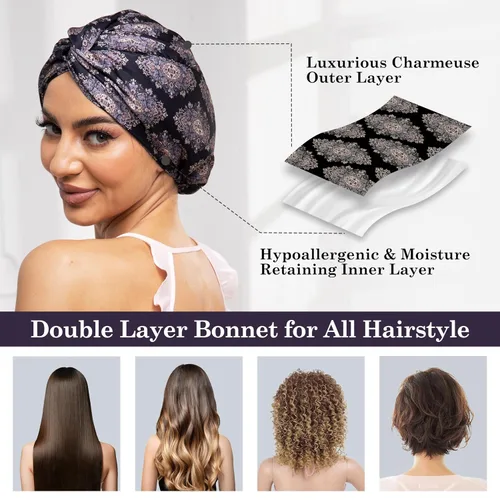 Miniatura 5 de Gorro de satén de seda ajustable para envolver el cabello para dormir, gorro de dormir de doble capa, turbante nocturno para cabello largo y rizado
