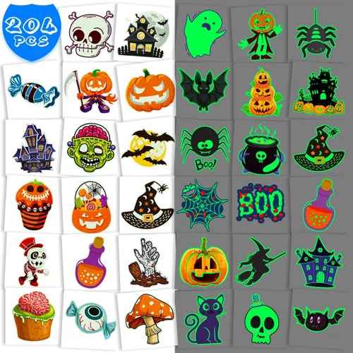 OLIKER - 204 tatuajes de Halloween para niños, envueltos individualmente que brillan en la oscuridad, tatuajes luminosos para Halloween, tatuajes