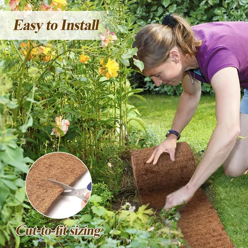 Miniatura 3 de Mantillo natural para paisajismo de 120 x 6.3 pulgadas, rollo de fibra de coco con 16 estacas de acero en forma de U, borde de jardín, barrera
