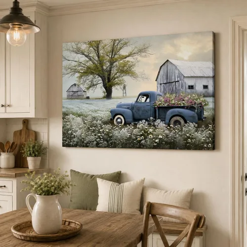 Miniatura 23 de Lienzo de pared de camión antiguo de granja, arte de pared de granero rústico, impresiones de lienzo de camioneta vintage de campo, impresiones