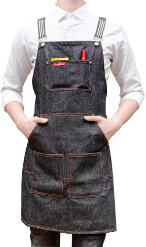 Miniatura 7 de Delantal de mezclilla unisex ajustable con múltiples bolsillos para chef cocina, barbacoa y estudio
