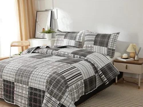 Miniatura 2 de Juego de colcha tamaño queen de Ycosy, ropa de cama a cuadros, colcha de retazos, colcha suave y ligera, colcha a rayas grises y blancas, colcha