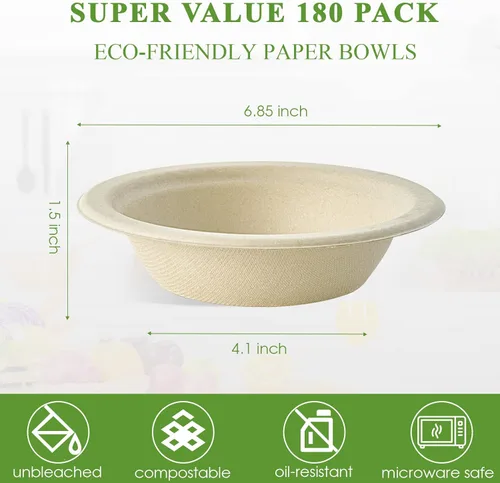 Miniatura 3 de Vplus Paquete de 180 cuencos de papel de 16 onzas, desechables compostables a granel, bagazo ecológico, cuencos resistentes perfectos para cereales
