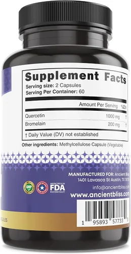 Miniatura 6 de Ancient Bliss Quercetina con bromelina Quercetina 1000 mg de bromelina 200 mg por porción Apoya el sistema inmunológico, la salud