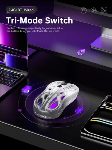 Miniatura 2 de Ratón inalámbrico para juegos, triple modo 2.4G/USB-C/Bluetooth, 800-4800 DPI, ratón óptico ergonómico, RGB y 6 botones programables, 2.29 oz