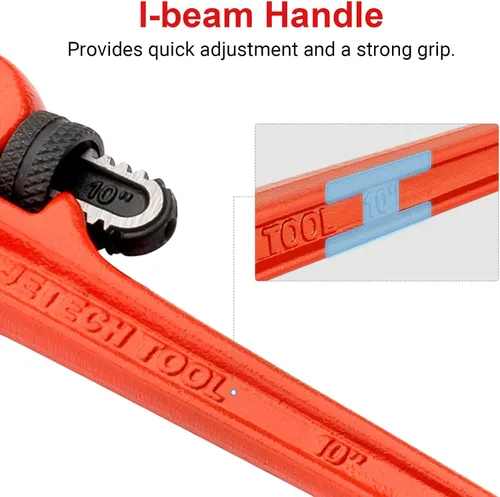 Miniatura 3 de Jetech Llave de tubo recta resistente de 10 pulgadas, plomero de aluminio ajustable con mandíbula de gancho flotante y mango de viga, color rojo