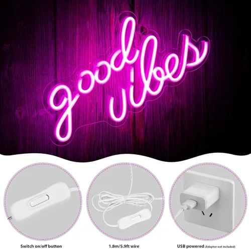 Miniatura 5 de Olekki Letrero de neón Pink Good Vibes – Luces de neón para dormitorio, letreros de neón LED para decoración de pared (16.1 x 8.3 pulgadas)