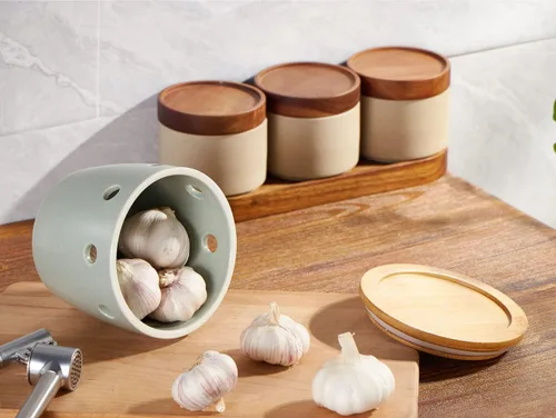 Miniatura 8 de ONEMORE Porta ajos grande con tapa, recipiente de ahorro de ajo de cerámica de 12.7 cm, porta ajos para mostrador, verde claro