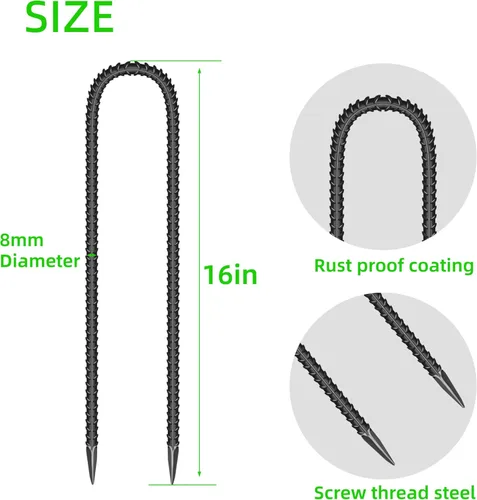 Miniatura 2 de 10 estacas de acero galvanizado en forma de U de 16 pulgadas, anclajes de tierra resistentes para tiendas de campaña, kits de posición, cercas