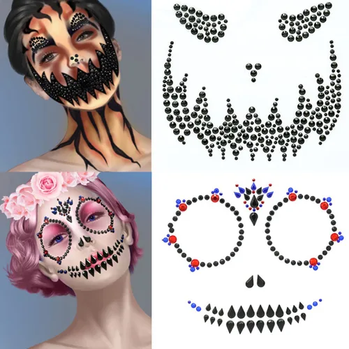 Miniatura 2 de Día de los Muertos - Gemas para la cara de los muertos, tatuajes temporales de calavera para Halloween, piedras de cristal de diamantes de H1 H4
