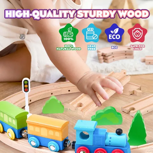 Miniatura 5 de 172 piezas de juego de tren de madera para niños pequeños, vía de tren de madera: expandible y intercambiable, juguetes de tren educativos seguros