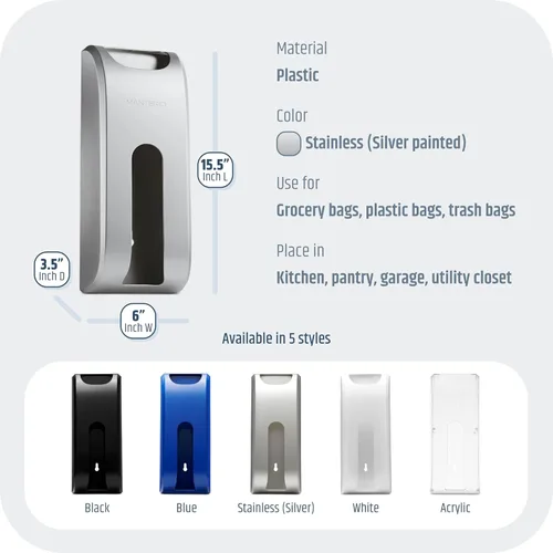 Miniatura 6 de Manterio Dispensador de bolsas de comestibles para montaje en pared, diseño que ahorra espacio, fácil de instalar, a prueba de manchas, resistente a